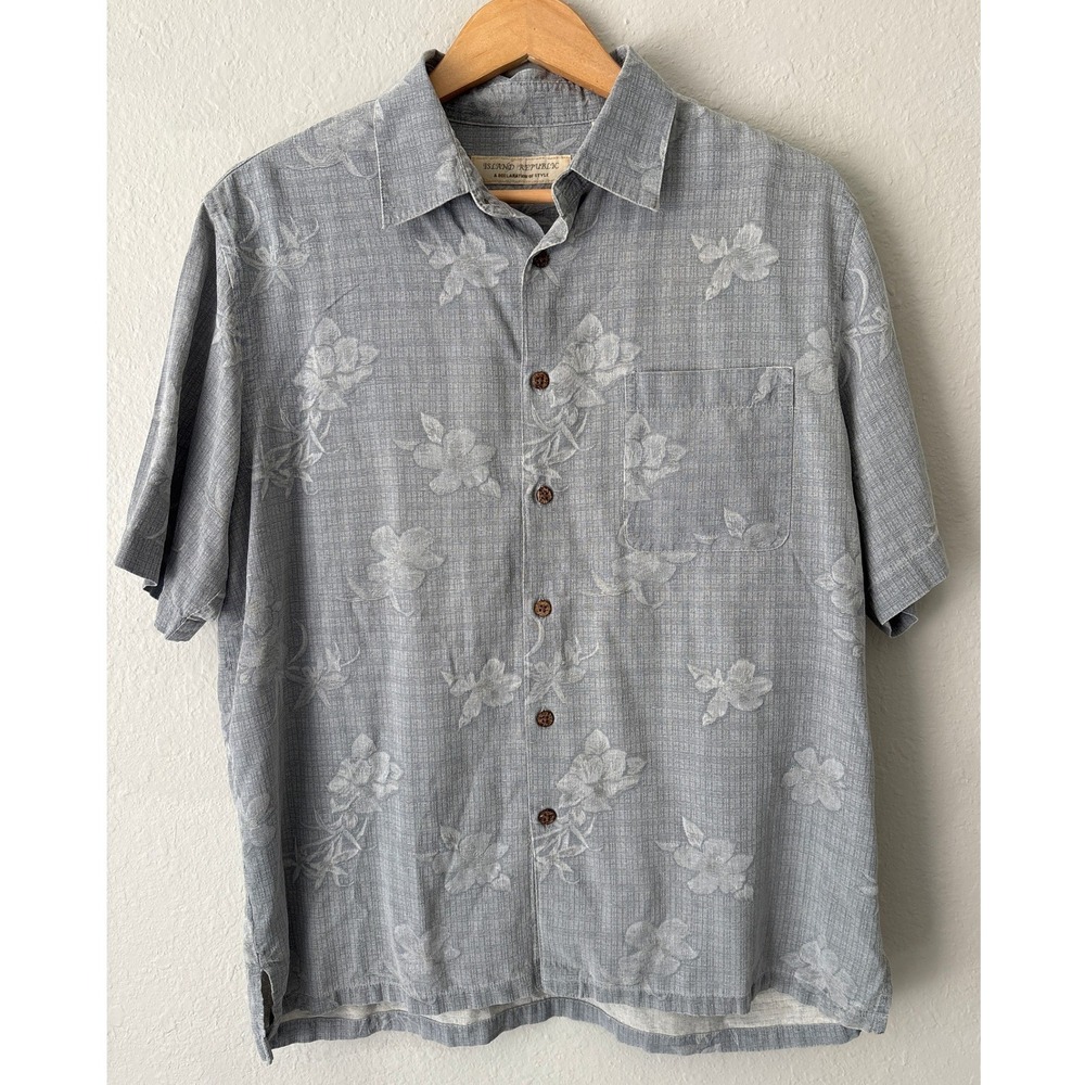Island Republic Mens 100% Silk Floral Tropical Camp Shirt L Blue Short Sleeve‎